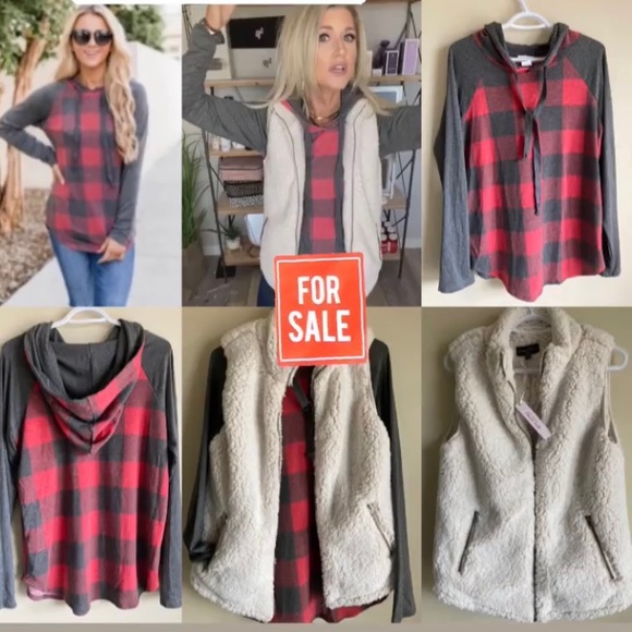Red and grey Buffalo plaid shirt with hood - Picture 2 of 3